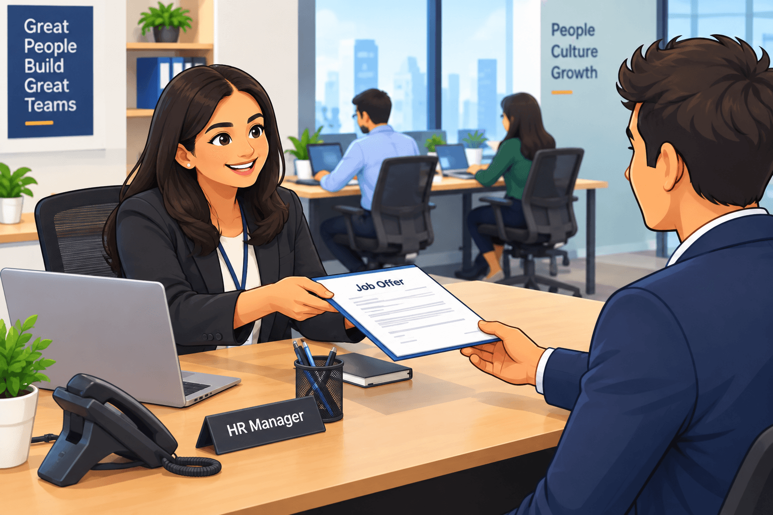HR Manager handing Job Offer to candidate in a modern office